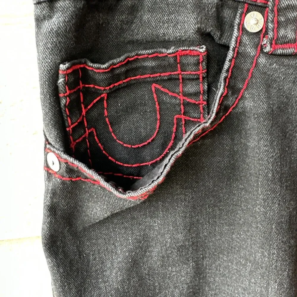 True Religion Ricky Super T Relaxed Straight Jeans Mens 36 Black Red Stitch Flap